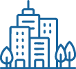 Stylized blue line drawing of a small city block with tall buildings and trees