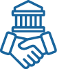 Blue icon of a handshake beneath a government-style building, representing partnership and collaboration with the public sector.