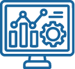 Computer monitor showing a data dashboard with a bar chart, line graph, and gear icon representing analytics and settings